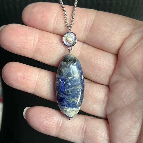 Gorgeous Silver-Tone Rhinestone Pendant  Blue Marble Teardrop Sodalite Necklace - Picture 1 of 4